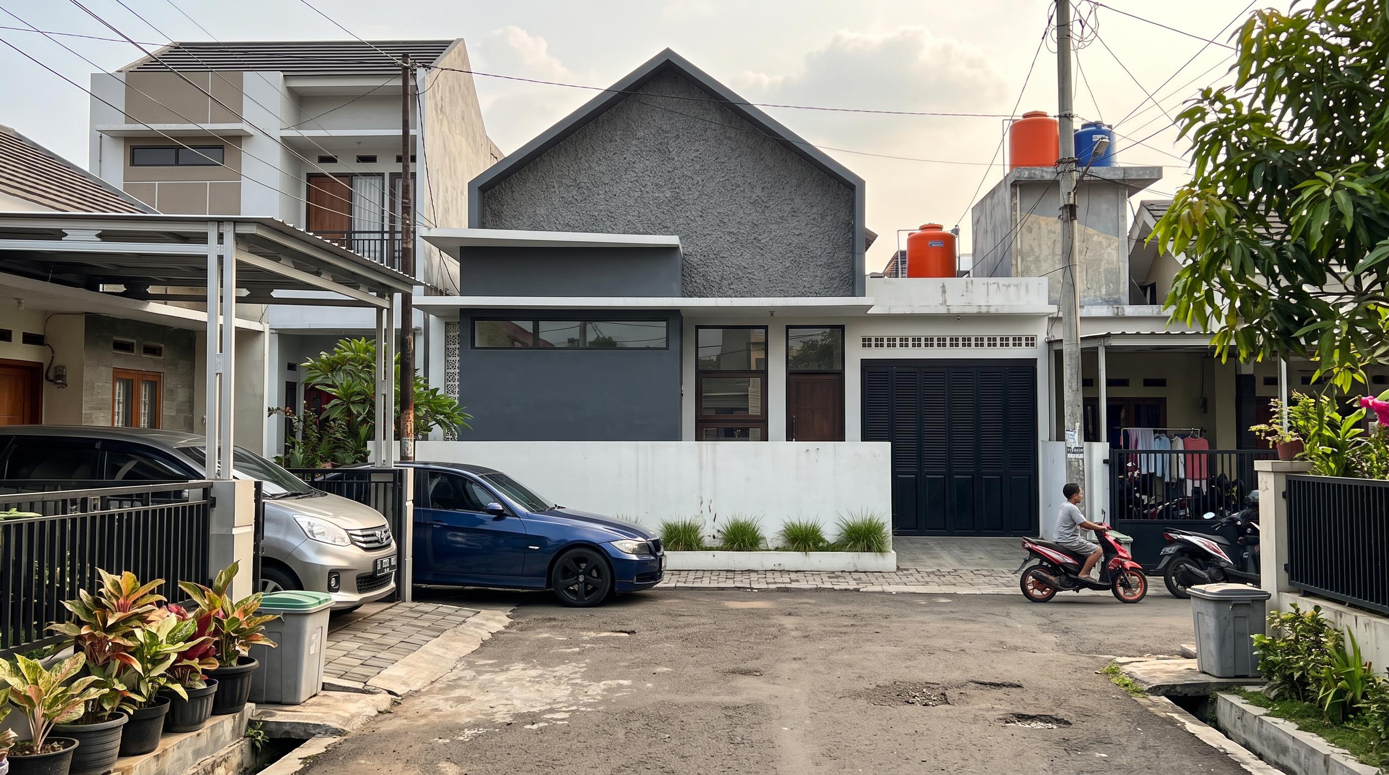 Fasad rumah tinggal modern tropis beratap pelana gabled roof plester kamprot abu-abu di Pedurungan Semarang