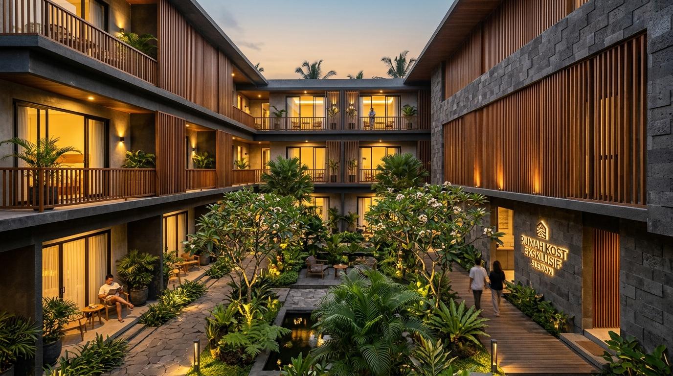 Rumah kost eksklusif dengan inner courtyard asri, kisi-kisi kayu, dan balkon kamar privat di Sleman